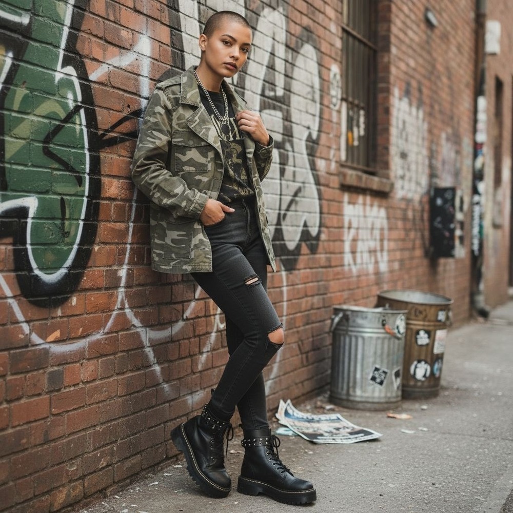 Forever 21 Camo Utility Jacket Cross Graphic Women's S Grunge‎ Streetwear Rock